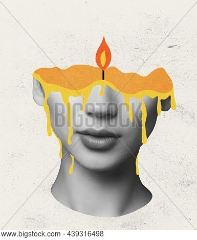 Contemporary Art Collage Of Female Face In Shape Of Burining Candle Isolated Over White Background