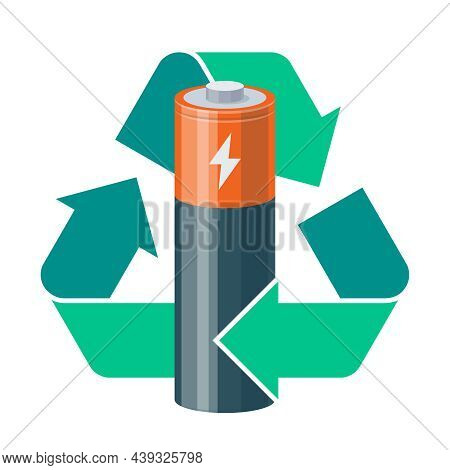 Used Battery Cylinder Cell Accumulator With Green Recycling Symbol In 3d Isometric Cartoon Style. Is