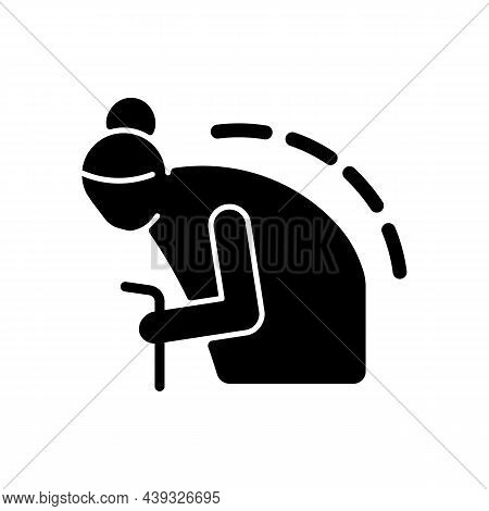 Kyphosis Black Glyph Icon. Roundback. Spine Curvature. Upper Back Abnormal Curve. Elderly Person Wit