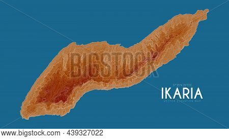 Topographic Map Of Ikaria, Greece. Vector Detailed Elevation Map Of Island. Geographic Elegant Lands