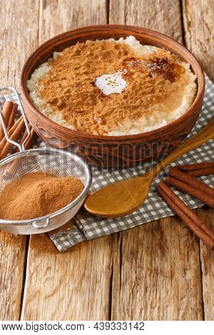 Risengrod Which Is Rice Pudding Or Porridge Danish Christmas Food Close Up In The Bowl On The Table.