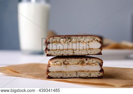Tasty Choco Pies On Parchment Paper, Closeup View