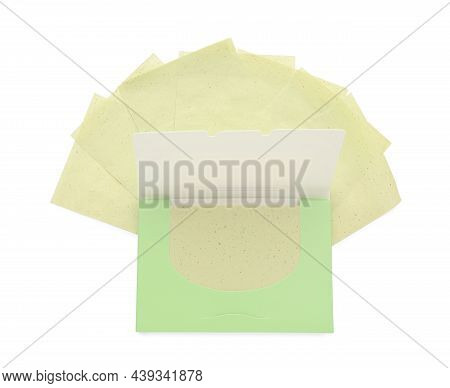 Package With Facial Oil Blotting Tissues On White Background, Top View. Mattifying Wipes
