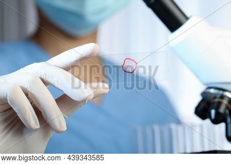 Scientist Holding Microscope Slide With Red Sample In Laboratory, Closeup