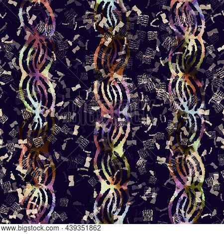 Exotic Multicoloured Boho Stripe Line Print. Seamless Autumnal Dark Ground Detailed Repeat Pattern. 