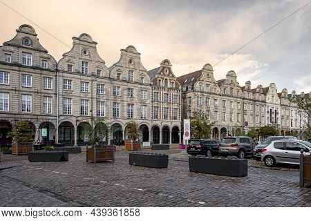 Arras, France - November 4, 2021: Town Square Of Arras, France. Unesco World Heritage Site. House Fa