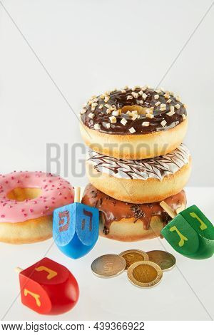 Happy Hanukkah And Hanukkah Sameach - Traditional Jewish Donuts, Spinning Tops And Hanukkah Money On
