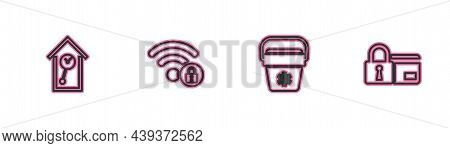 Set Line Retro Wall Watch, Cooler Bag, Wifi Locked And Credit Card With Icon. Vector