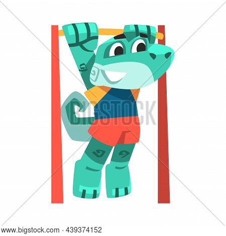 Lizard In Sportswear Doing Chin-ups On Horizontal Bar Vector Illustration