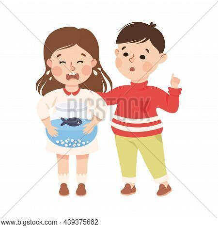 Little Boy Supporting And Comforting Sad Girl With Dead Fish In Bowl Feeling Empathy And Compassion 