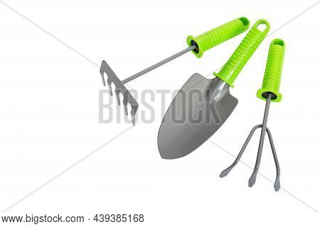 Garden Shovel, Rake And Fork Isolated On White Background. Garden Tools.