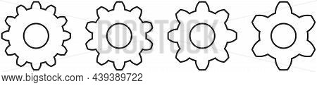 Cogwheel Vector Outline Symbol In Black On Isolated White Background.
Four Different Thoothed Black 