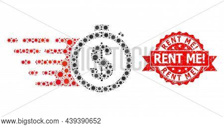 Vector Collage Credit Time Of Virus, And Rent Me Scratched Ribbon Stamp. Virus Particles Inside Cred