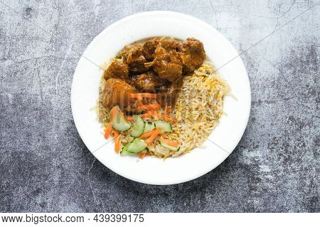 Flatlay Picture Of Briyani Rice Serve With Mutton Insight . Famous Malaysia Food Usually Serve Durin