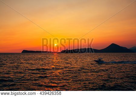Red Sunset Sky Over Mamula Island. Montenegro