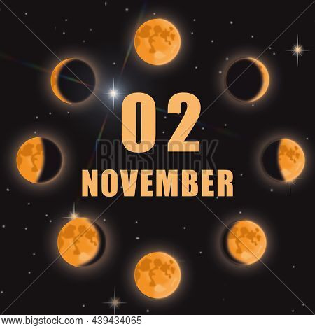 November 2. 2th Day Of Month, Calendar Date.phases Of Moon On Black Isolated Background. Cycle From 