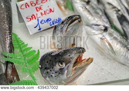 Raw Salmon Head On Display, For Sale At A Local Fishmonger Stall At The Market In Old Town Or Casco 