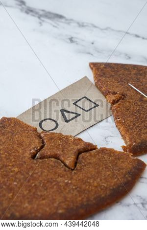 Kiev Ukraine - October 2021 Squid Game Invitation Card Star Shape Homemade Sugar Candy. Playing Kore