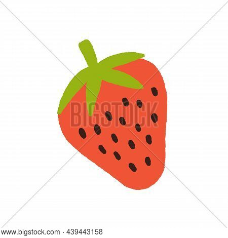 Strawberry With Seeds And Leaf. Fresh Ripe Red Berry Icon. Sweet Natural Garden Food In Doodle Style