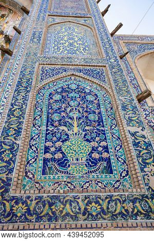 Old Madrasah Abdulaziz Khan Madrassah Was Built In 1652. Mosaic Panels With Floral Patterns On The F