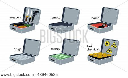 A Set Of Suitcases With Contraband, Drugs, Weapons, Bombs, Money And Toxic Chemicals. Customs Inspec