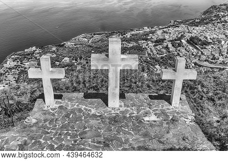 The Iconic Three Crosses On The Top Of Mount Sant'elia Overlooking The Town Of Palmi On The Tyrrheni