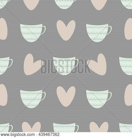 Seamless Pattern With Cups And Hearts. Vector Illustration.