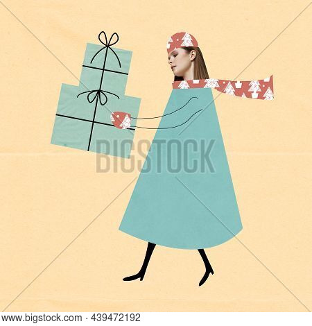 Contemporary Art Collage Of Wman With Drawn Elements Carrying Presents Isolated Over Yellow Backgrou