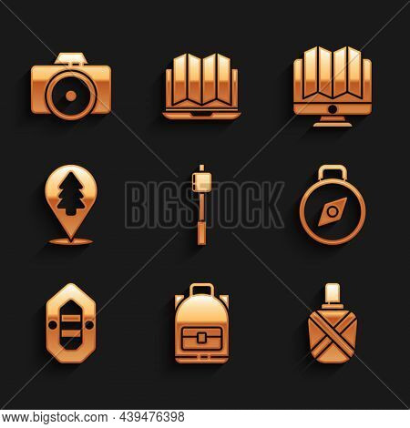 Set Marshmallow On Stick, Hiking Backpack, Canteen Water Bottle, Compass, Rafting Boat, Location Of 