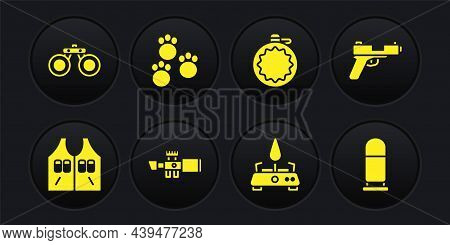 Set Hunting Jacket, Pistol Or Gun, Sniper Optical Sight, Camping Gas Stove, Canteen Water Bottle, Pa
