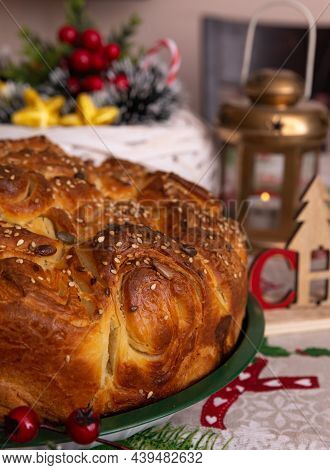 Christmas Cake With Sesame Seeds On The Holiday Table