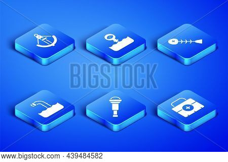Set First Aid Kit, Anchor, Spyglass Telescope Lens, Periscope, And Dead Fish Icon. Vector