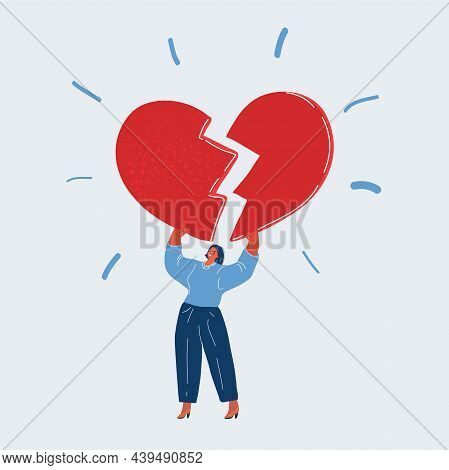 Vector Illustration Of Cruel Woman Holding Big Broken Heart In Two