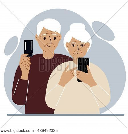 Older People Use The Internet. Progressive Grandparents Use Mobile To Order, Pay, Or Shop Online Wit