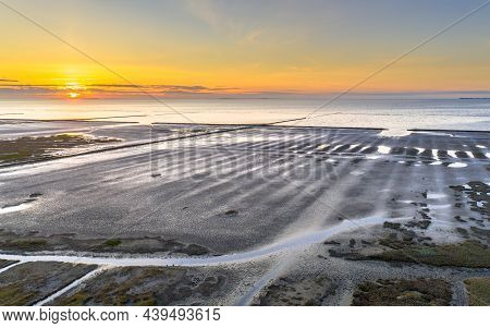 Aerial View Over Salt Marsh Plains On The Wadden Sea Coast. Uithuizen, Groningen Province.