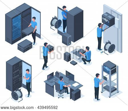 Isometric Engineers Characters Serve Data Center Network Equipment. Computer Network Technology Repa