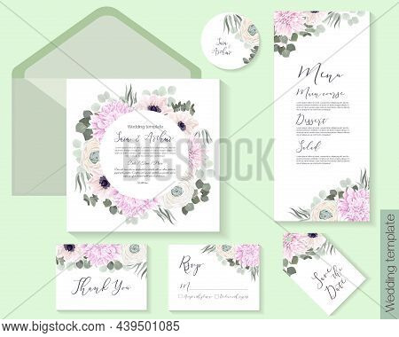 Vector Floral Frame. Pink Dahlias, White Roses, Rununculus, Anemones, Eucalyptus, Green Plants And L
