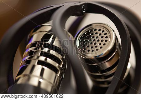 Stereo Microphones. Compact Audio Recorder In A Music Studio. Built-in Portable Dictaphone For Recor