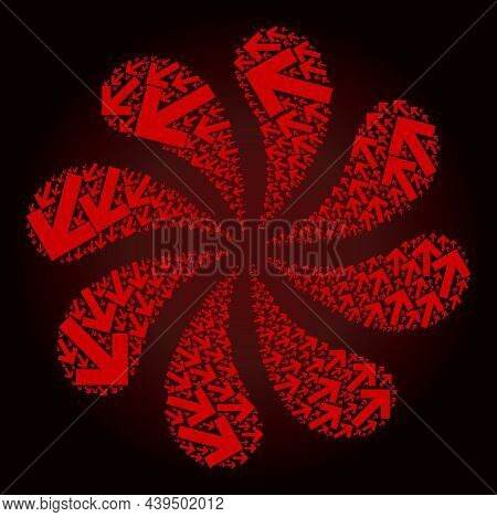 Red Ccw Rotation Arrow Icon Exploding Twist Flower Fireworks Shape On Red Dark Gradient Background. 