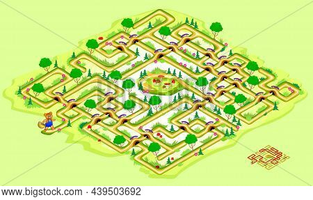 Logic Puzzle Game With Labyrinth For Children And Adults. Help The Bear Find The Way To The Mushroom