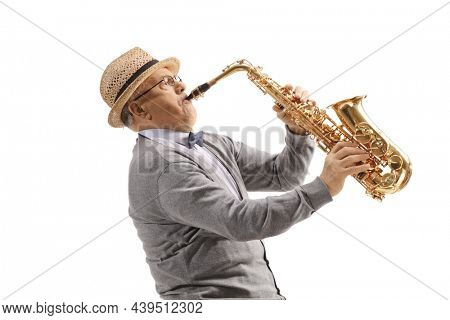 Elderly gentleman playing a saxophone isolated on white background