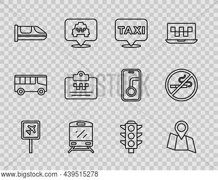 Set Line Airport, Folded Map With Location, Location Taxi, Train, High-speed Train, Taxi Driver Lice