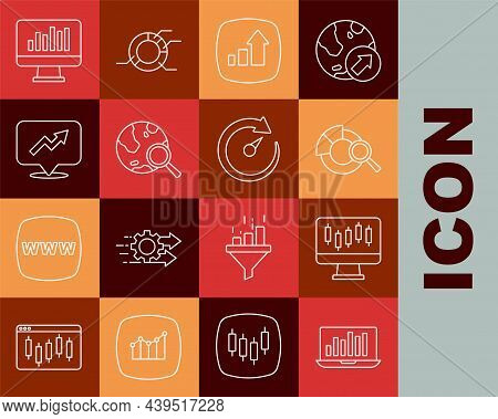 Set Line Laptop With Graph Chart, Stocks Market Growth Graphs, Search Data Analysis, Financial, Glob