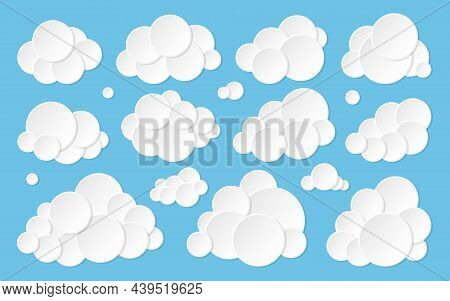 Cloud Paper Cut White Flat Set. 3d Bubble Weather Infoboard Advertising Postcard Blank Banner Cloudy
