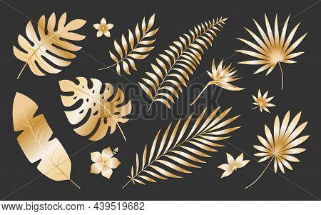 Tropical Leaf Flower Plant Luxury Gold Silhouette Set. Exotic Print Pattern Elegant Expensive Boho S