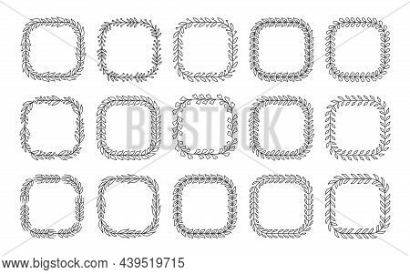 Natural Frame Leaf Square Floral Black Line Set. Plant Pattern Award Success Win. Heraldic Vintage B