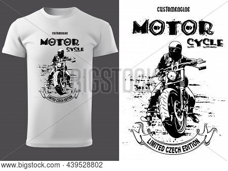 White T-shirt Design With Motorcyclist And Inscriptions - Graphic Design For Printmaking T-shirt Or 