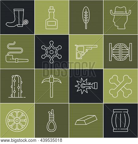 Set Line Gun Powder Barrel, Crossed Human Bones, Saloon Door, Indian Feather, Hexagram Sheriff, Smok