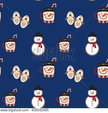 Smart Seamles Christmas Background With Cute Snowmen, Christmas Cups And Reindeer Slippers