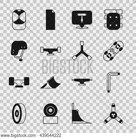 Set Skateboard Y-tool, Tool Allen Keys, Broken Skateboard, Wheel, Helmet, Baseball Cap And Icon. Vec